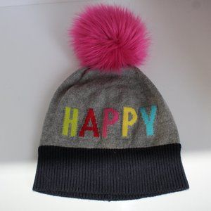 Baby Gap Beanie/Toboggan “Happy” Grey Hat With Pink Fluffy Pom Pom Size M/L